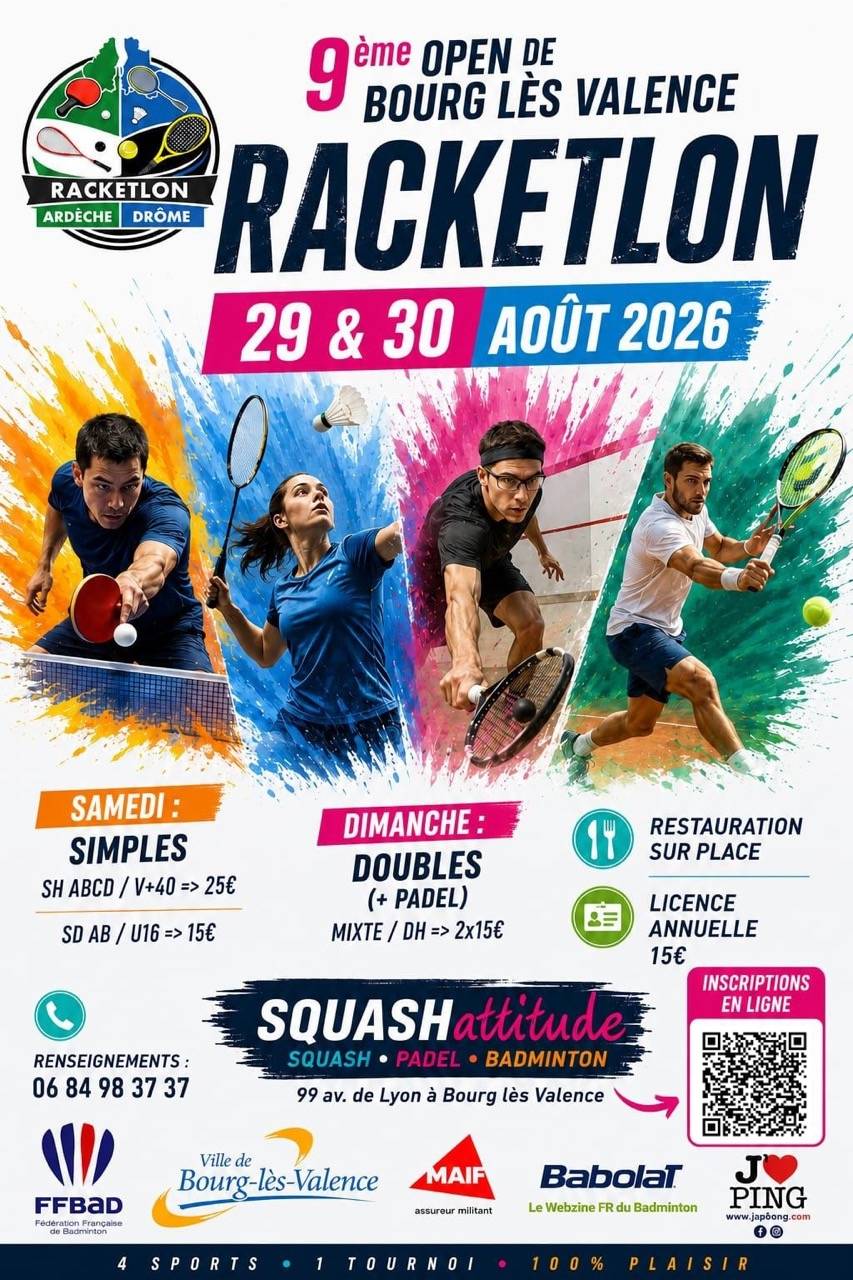 Affiche de 29-30/08 - 9ème Racketlon de Bourg lès Valence